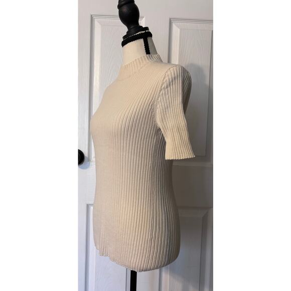 MM Lafleur Short Sleeve Shirt Women's Small Cream Ribbed Merino Wool Mock Neck - Picture 3 of 8